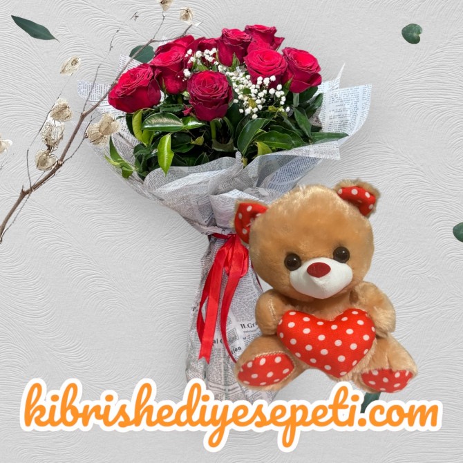 11 Kırmızı Gül Buketi ve Ayıcık